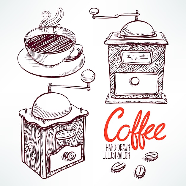 Con hermosos molinillos de dibujo y una taza de café. ilustración dibujada a mano