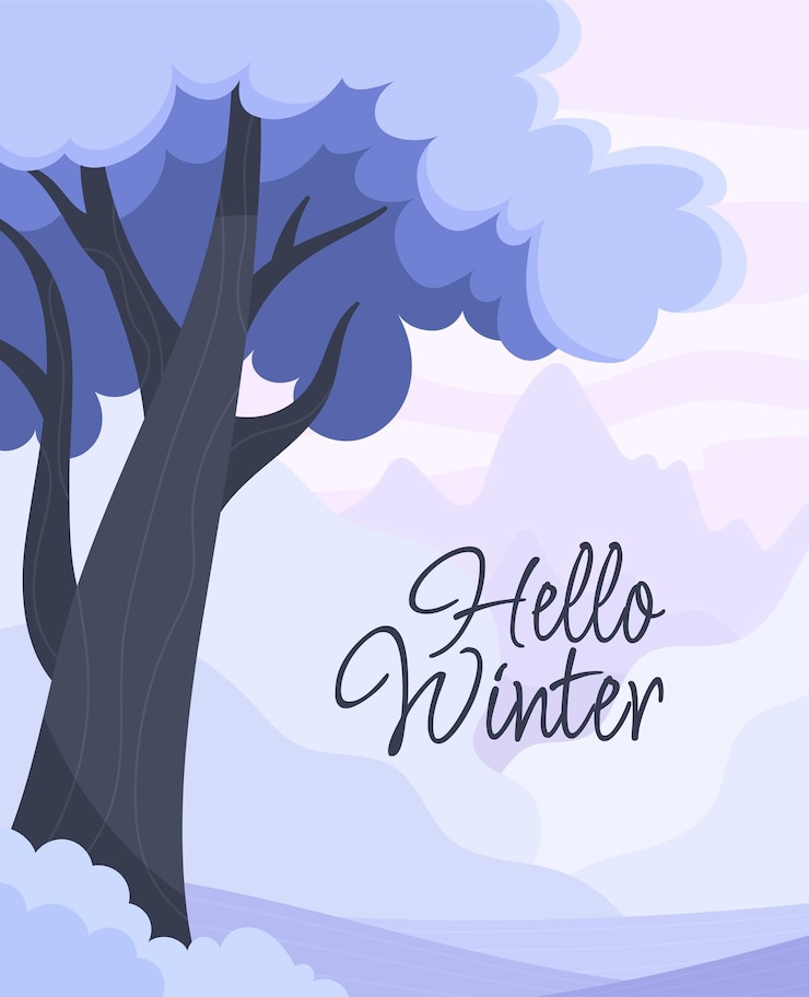 Vector hermosos paisajes de invierno en estilo plano de dibujos animados hola inscripción de invierno