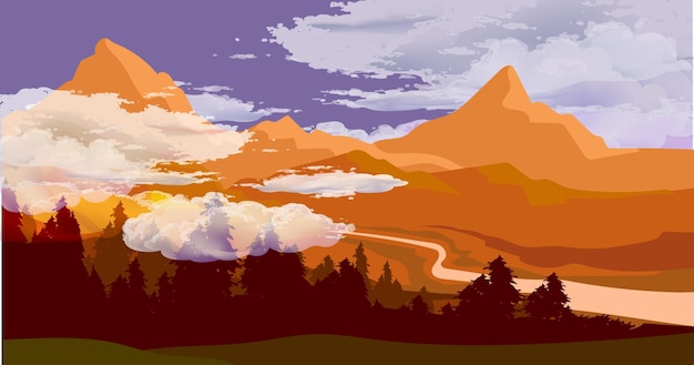 Hermosos paisajes de naturaleza Ilustración vectorial de paisajes Bosque río colinas campo de montaña