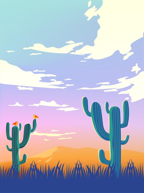 Hermosos paisajes occidentales del desierto con plantas de cactus de fondo de ilustración vectorial de montaña
