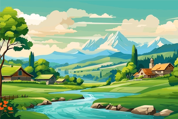 Vector hermosos paisajes de pueblos coloridos al estilo de las caricaturas.