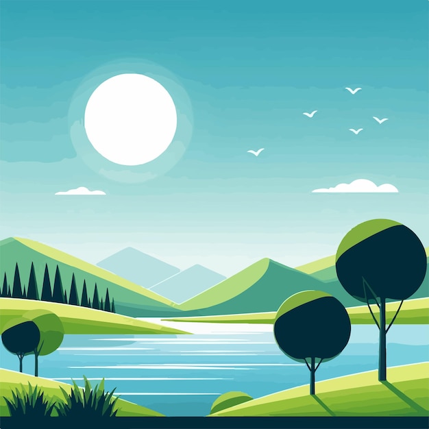 Hermosos paisajes de pueblos, naturaleza, papel tapiz de estilo vectorial, ilustración de verde