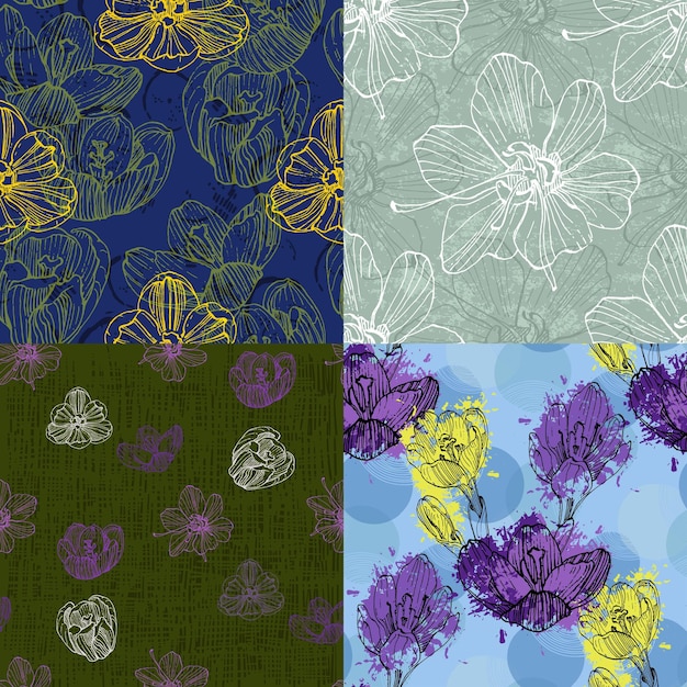 Hermosos patrones sin costuras Fondo floral con crocus dibujados a mano Impresión rústica botánica para papel textil Ilustración vectorial de diseño de primavera y verano