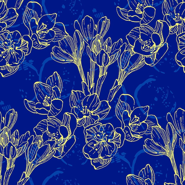 Hermosos patrones sin costuras Fondo floral con crocus dibujados a mano Impresión rústica botánica para papel textil Ilustración vectorial de diseño de primavera y verano