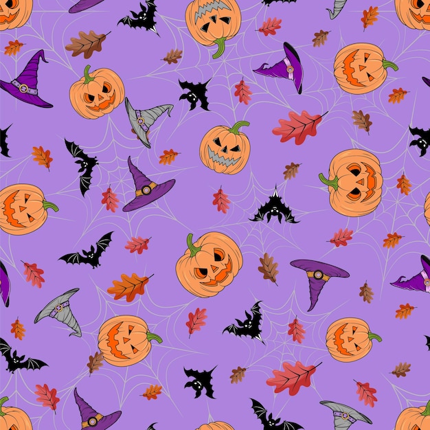 Hermosos patrones sin costuras para Halloween sobre un fondo púrpura