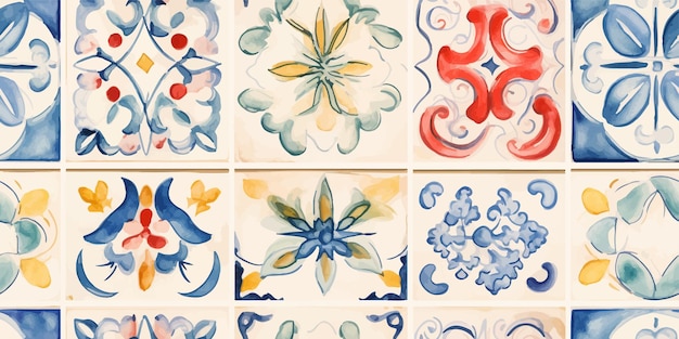 Hermosos patrones modernos sin costuras en estilo de patchwork con acuarela contemporánea dibujada a mano