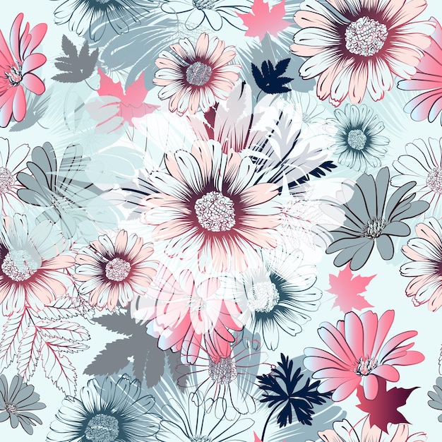 Hermosos patrones vectoriales florales con flores dibujadas a mano