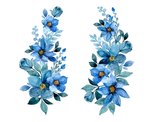 Vector hermosos ramos de flores con acuarela azul