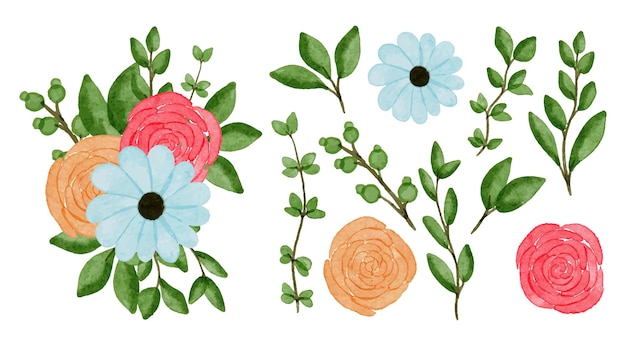 Hermosos ramos de flores y hojas para la decoración en estilo de colores acuáticos
