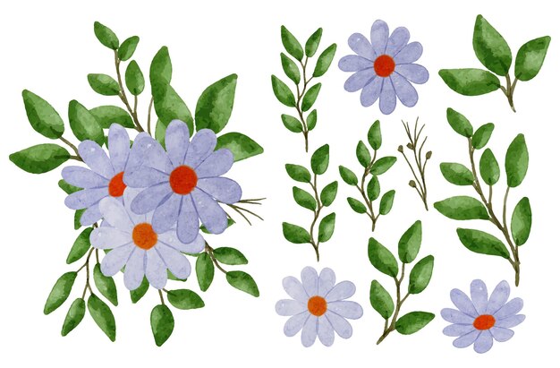 Hermosos ramos de flores y hojas para la decoración en estilo de colores acuáticos