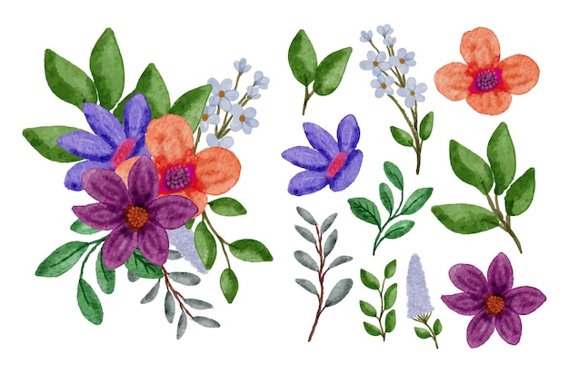 Hermosos ramos de flores y hojas para la decoración en estilo de colores acuáticos