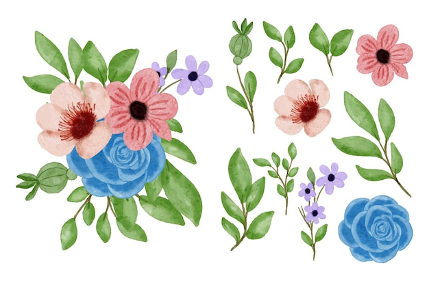 Hermosos ramos de flores y hojas para la decoración en estilo de colores acuáticos
