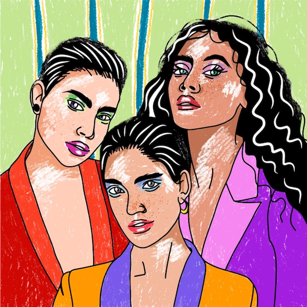 Vector hermosos retratos de un grupo de chicas en ropa colorida colores brillantes