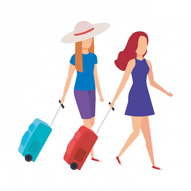 Vector hermosos turistas chicas con maletas de personajes.