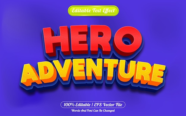 Hero adventure 3d estilo de dibujos animados de efecto de texto editable