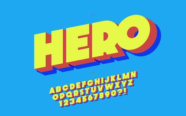 Hero font 3d estilo en negrita tipografía moderna para cartel decoración de eventos movimiento videojuego t camisa libro estandarte impresión tipo de letra fresco alfabeto de moda vector 10 eps
