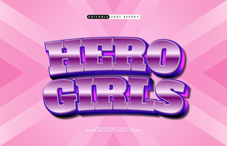 Vector hero girls efecto de texto editable con un héroe y un efecto de texto súper