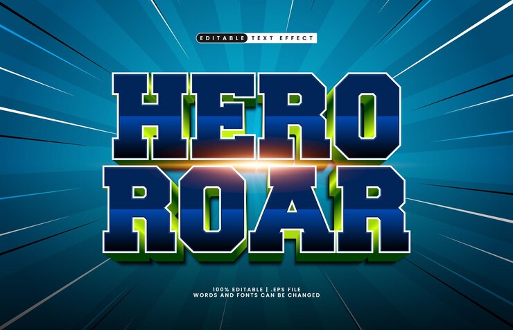 Vector hero roar efecto de texto editable con un héroe y un poderoso efecto de texto