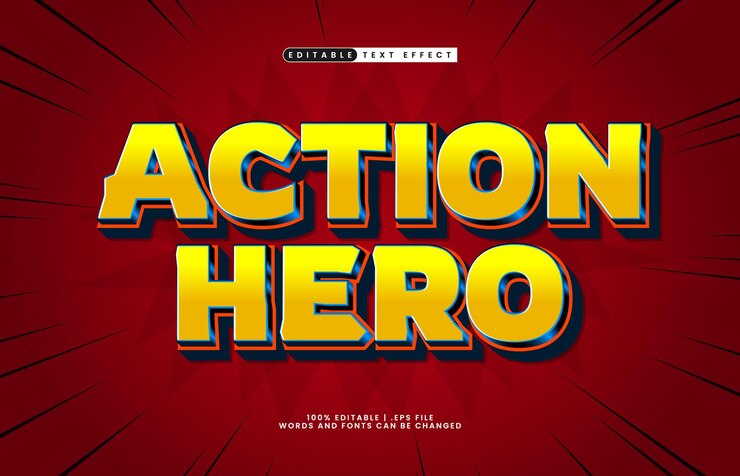 Vector héroe de acción efecto de texto editable con un estilo de texto de cómics y dibujos animados