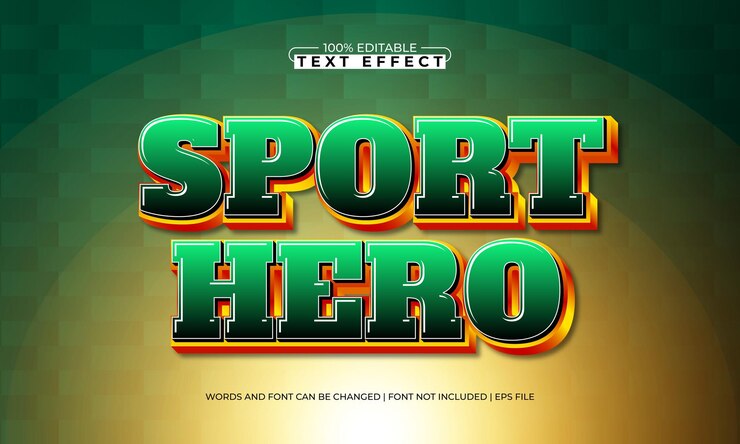 Vector héroe deportivo efecto de texto editable con un estilo de texto de juego y pelota