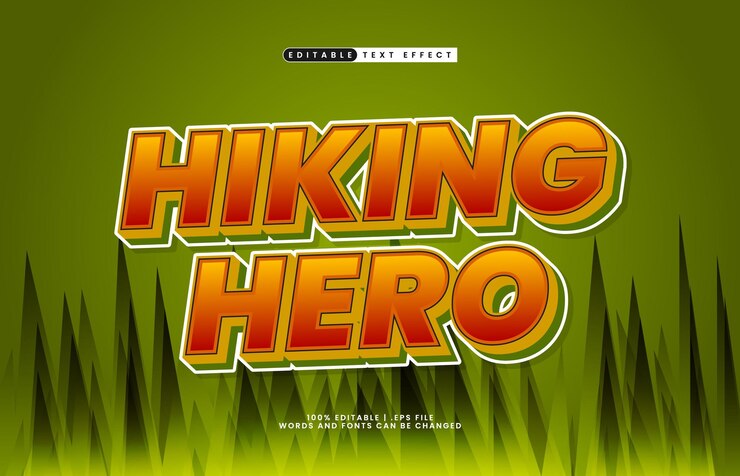 Vector héroe de senderismo efecto de texto editable con un estilo de texto de senderismo y aventura