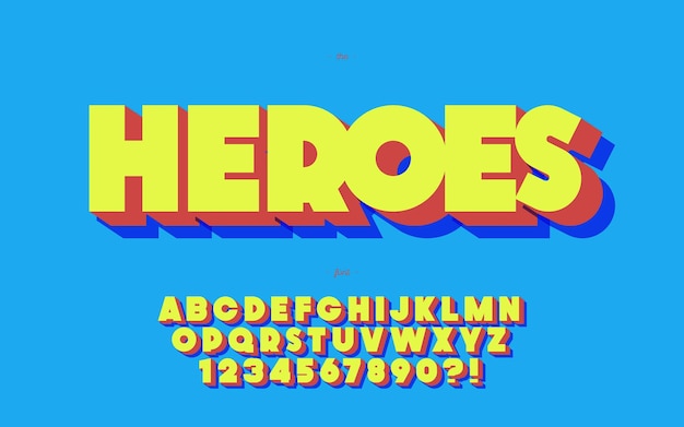 Héroes fuente vectorial 3d estilo en negrita tipografía de moda para decoración de carteles de eventos movimiento videojuego camiseta libro estandarte impresión tipo de letra fresco alfabeto moderno 10 eps