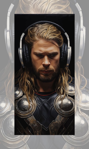 Héroes de Hollywood Thor Bluewing Ilustración de una pintura Usando auriculares Pintura digital Diseños de carteles Pintura de pared