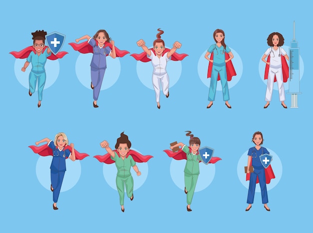 Vector héroes médicos personal conjunto de personajes