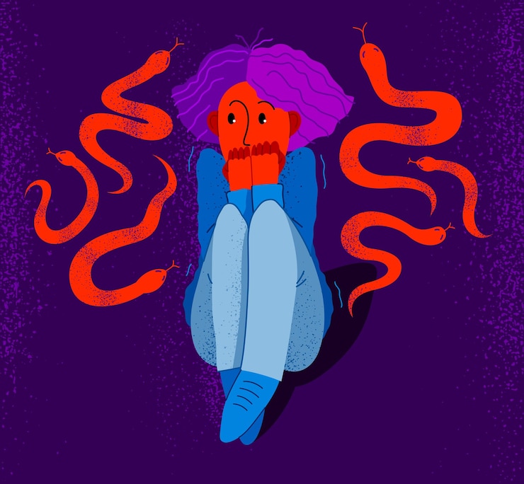 Vector herpetofobia miedo a reptiles serpientes y lagartos ilustración vectorial, niña rodeada de reptiles imaginarios en ataque de pánico y miedo, concepto de salud mental.