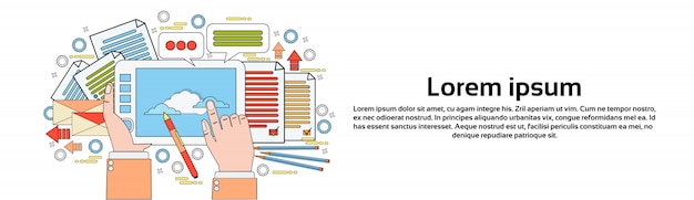 Herramienta de diseño gráfico en el lugar de trabajo Manos sosteniendo tableta digital Dibujando con lápiz Plantilla de Banner horizontal de proceso creativo