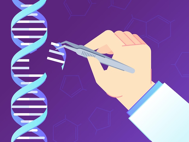 Herramienta de edición de genes CRISPR CAS9. Ediciones del genoma, ingeniería genética del ADN humano e ilustración del código del ADN.