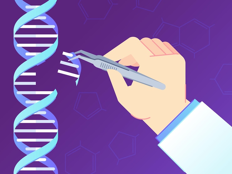 Vector herramienta de edición de genes crispr cas9. ediciones del genoma, ingeniería genética del adn humano e ilustración del código del adn.