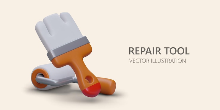 Vector herramientas 3d para pintar techos y paredes diferentes tipos de pinceles venta de herramientas banner listo con lugar para texto ilustraciones con sombras