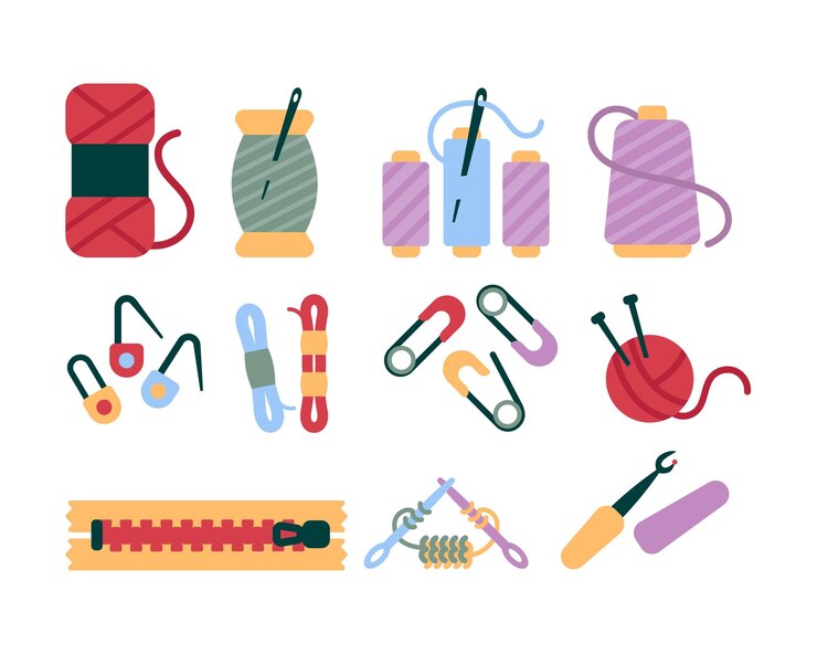Vector herramientas y accesorios de costura ilustración vectorial en estilo plano
