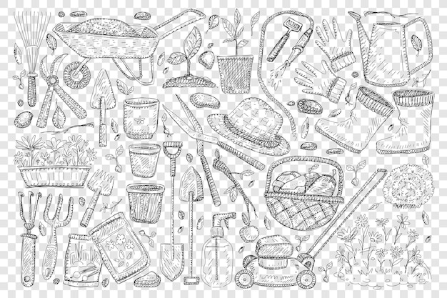 Herramientas de agricultores para jardinería doodle conjunto ilustración