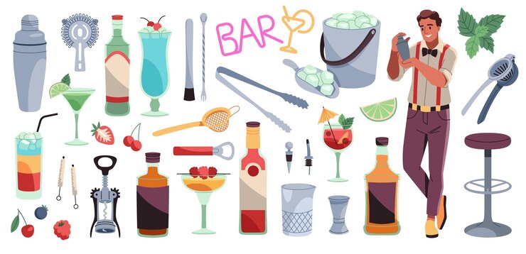 Vector herramientas de bar de cócteles instrumentos de camarero profesional bebidas alcohólicas equipo de creación sacudidor jigger y filtro botellas y vasos dibujos animados planos elementos aislados conjunto vectorial ordenado