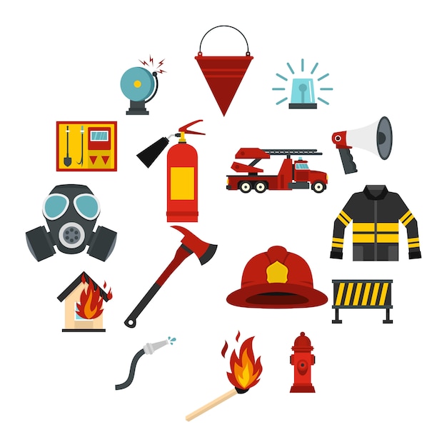 Herramientas de bombero establecer iconos planos