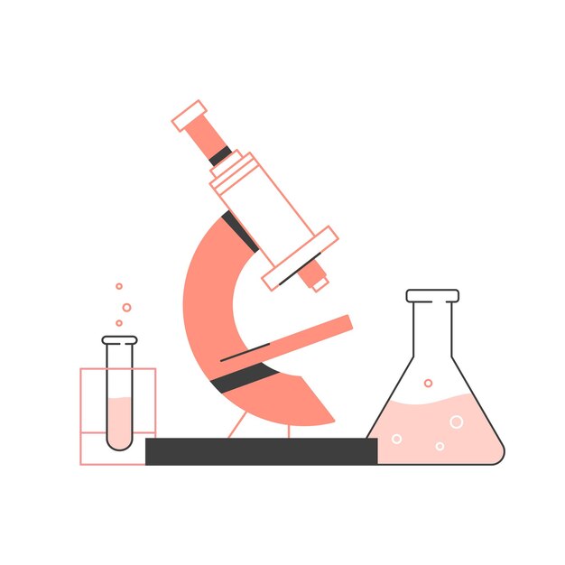 Herramientas científicas. Microscopio, matraz y tubo de ensayo.