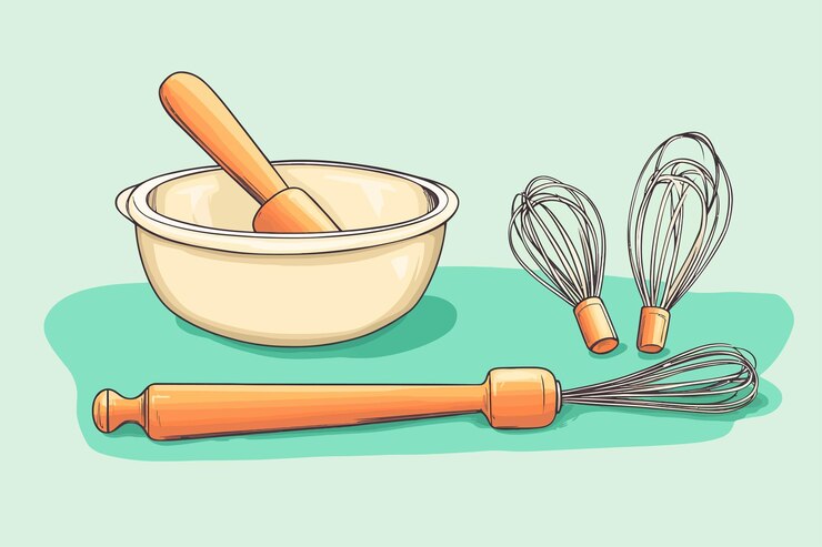 Vector herramientas de cocina para hornear, incluidas la batidora de rodillos y la colección de cuencos de mezcla