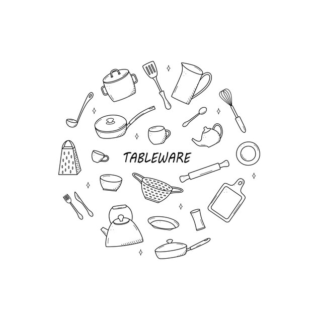 Herramientas de cocina y vajilla icono de garabateo Ilustración vectorial conjunto de elementos cocinero