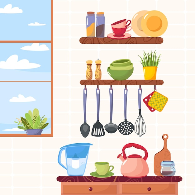 Vector herramientas de cocina de vector sala de cocina juego de accesorios de cocina en estantes