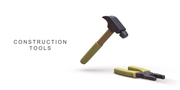 Vector herramientas de construcción con martillo y pinzas de dibujos animados en 3d para reparaciones de edificios y proyectos de bricolaje perfectos