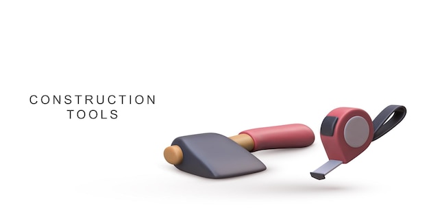 Herramientas de construcción con paleta 3D y cinta de medición para reparación de edificios DIY