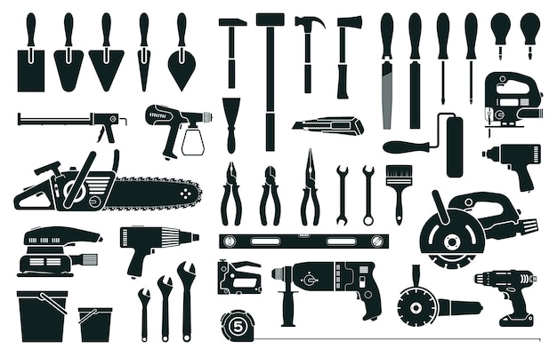 Vector herramientas de construcción, reparación de viviendas, instrumentos de renovación, silueta, martillo, destornillador, taladro, alicates