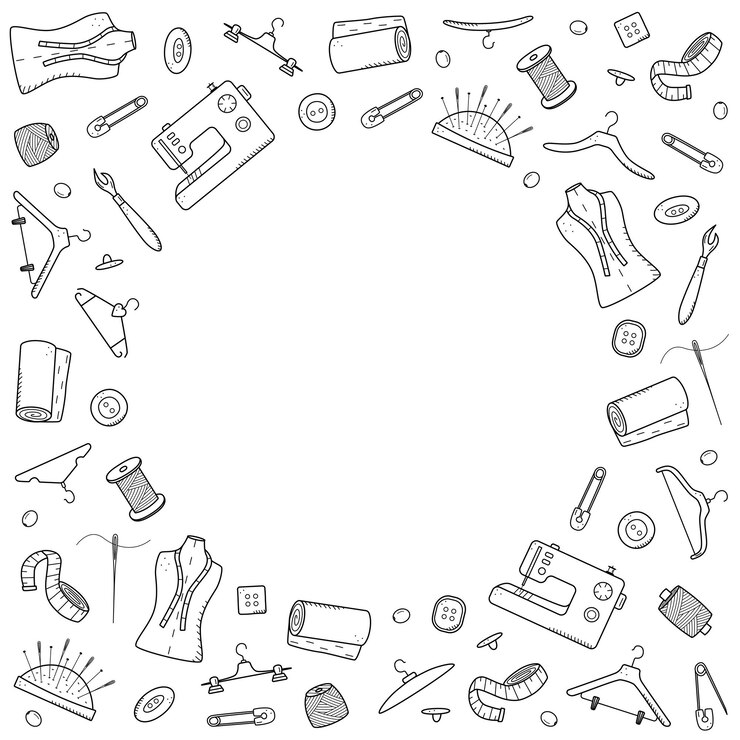 Herramientas para costura y costura Doodle icon set sastrería vector ilustración hilo agujas maniquí máquina de coser perchas botones