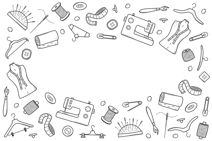 Herramientas para costura y costura Doodle icon set sastrería vector ilustración hilo agujas maniquí máquina de coser perchas botones