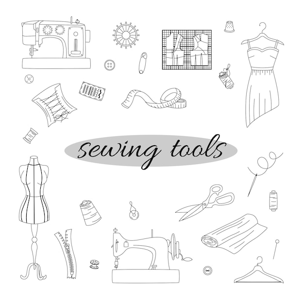 Vector herramientas de costura elementos de costura para su diseño máquinas de coser botones tijeras agujas etc