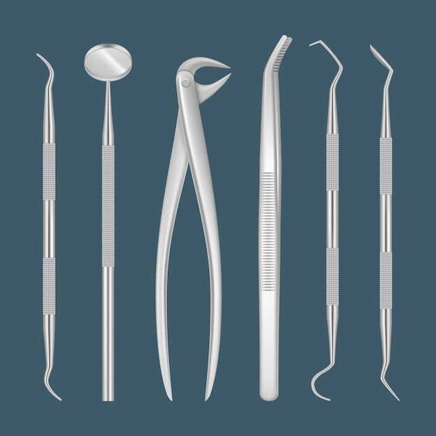 Herramientas de dentista. Artículos médicos para inspeccionar de cerca la higiene profesional de la clínica dental del hospital dental en instrumentos metálicos