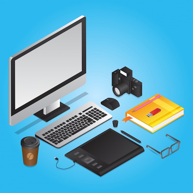 herramientas de diseño gráfico como computadora con tableta gráfica