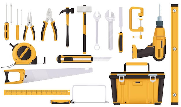 Herramientas e instrumentos en amarillo y negro Ilustración vectorial